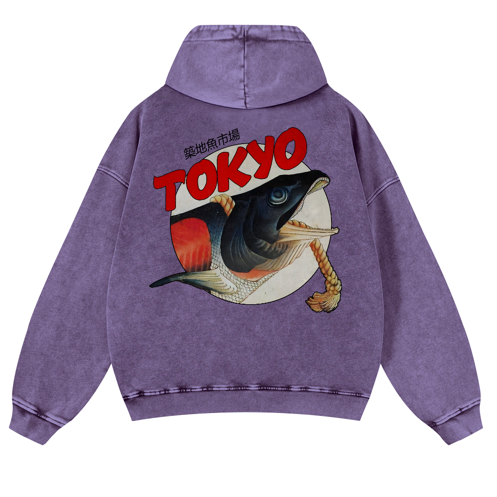 Tsukiji Market Vintage Washed Cotton Back Art Hoodie