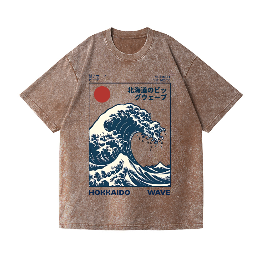 Hokkaido Wave Ukiyoe Vintage Wash Japanese Design T-Shirt