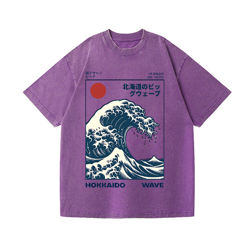 Hokkaido Wave Ukiyoe Vintage Wash Japanese Design T-Shirt