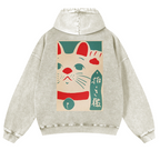 Lucky Cat Vintage Washed Cotton Back Art Hoodie