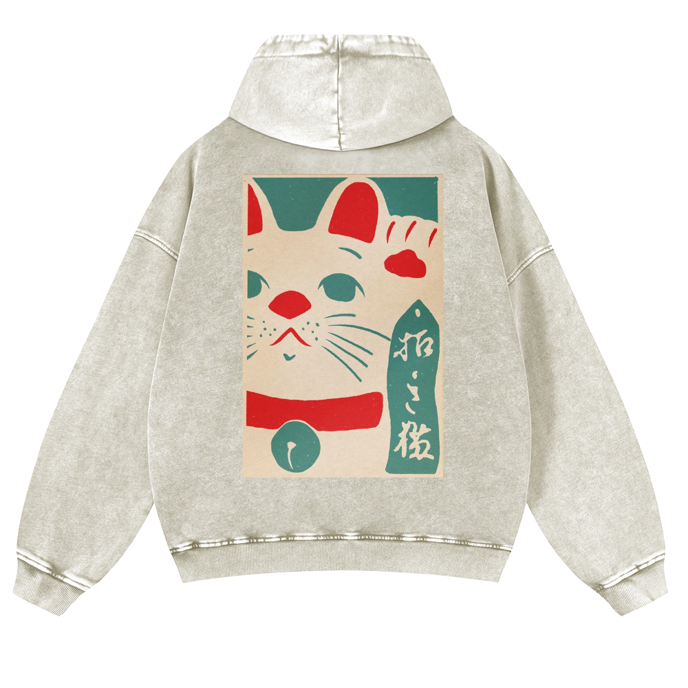 Lucky Cat Vintage Washed Cotton Back Art Hoodie