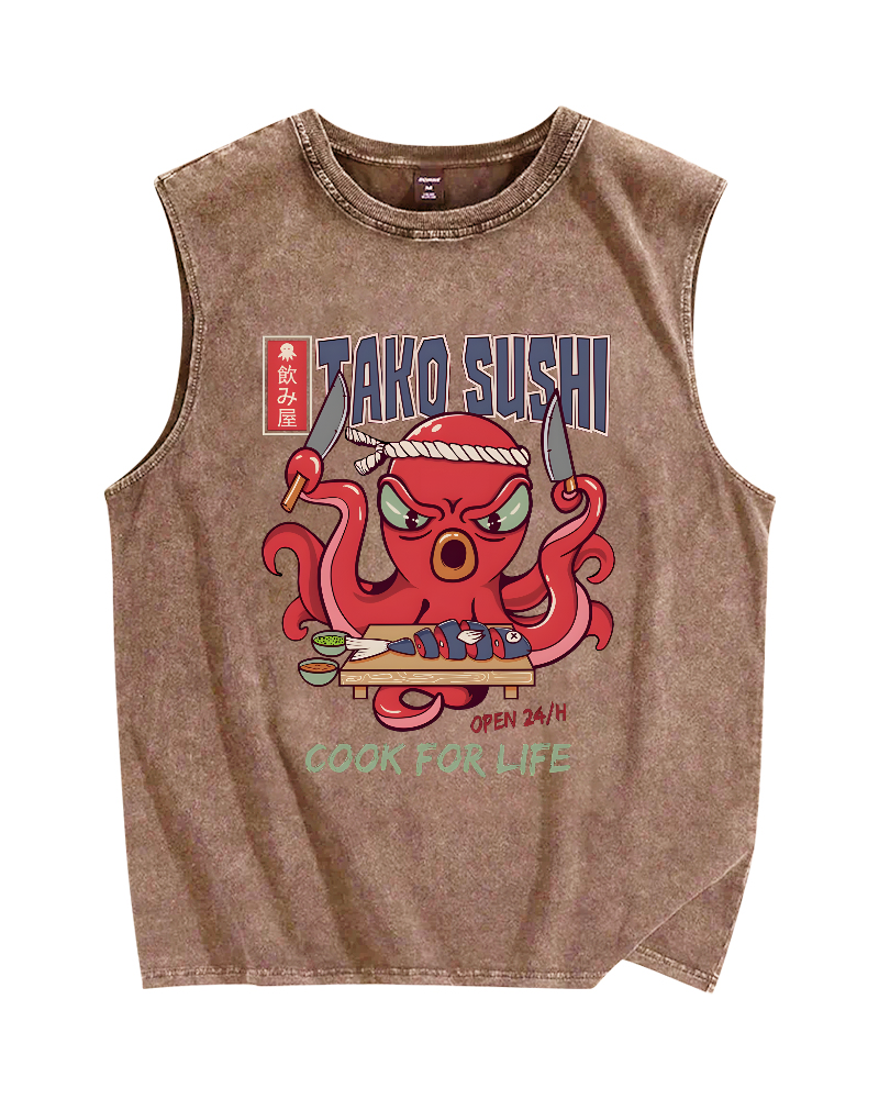 Tako Sushi Octopus Vintage Distressed Washed Tank Top
