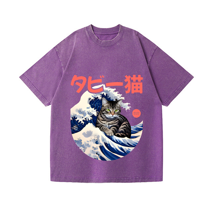 Cat Wave Vintage Wash Japanese Design T-Shirt