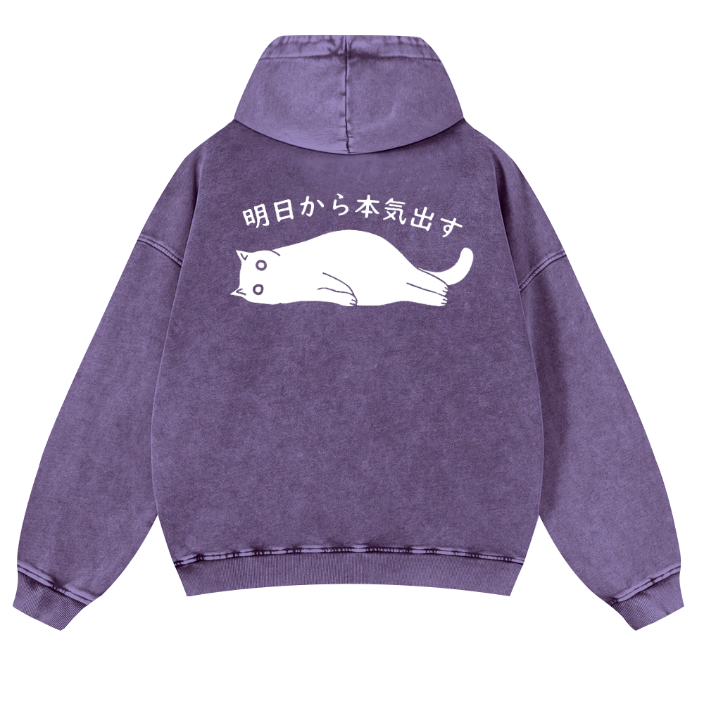 Cat Vintage Washed Cotton Back Art Hoodie