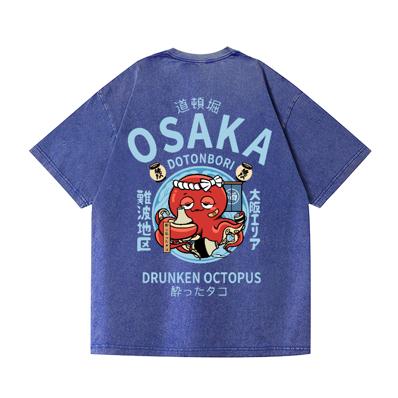 Osaka Dotonbori Drunken Octopus Vintage Wash Japanese Design Back Art T-Shirt