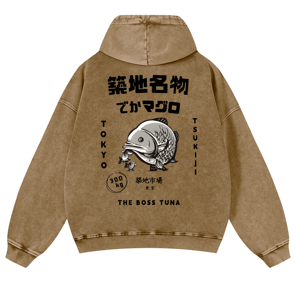Tsukiji Market Tuna Fish Tokyo Vintage Washed Cotton Back Art Hoodie