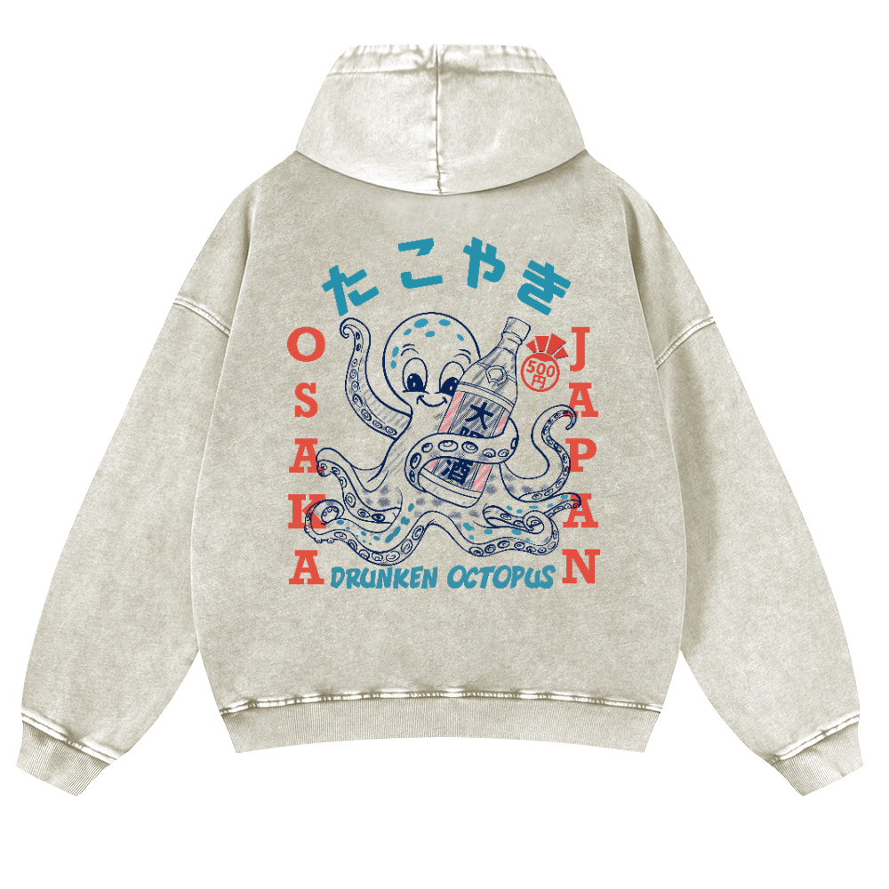 Osaka Drunken Octopus Vintage Washed Cotton Back Art Hoodie