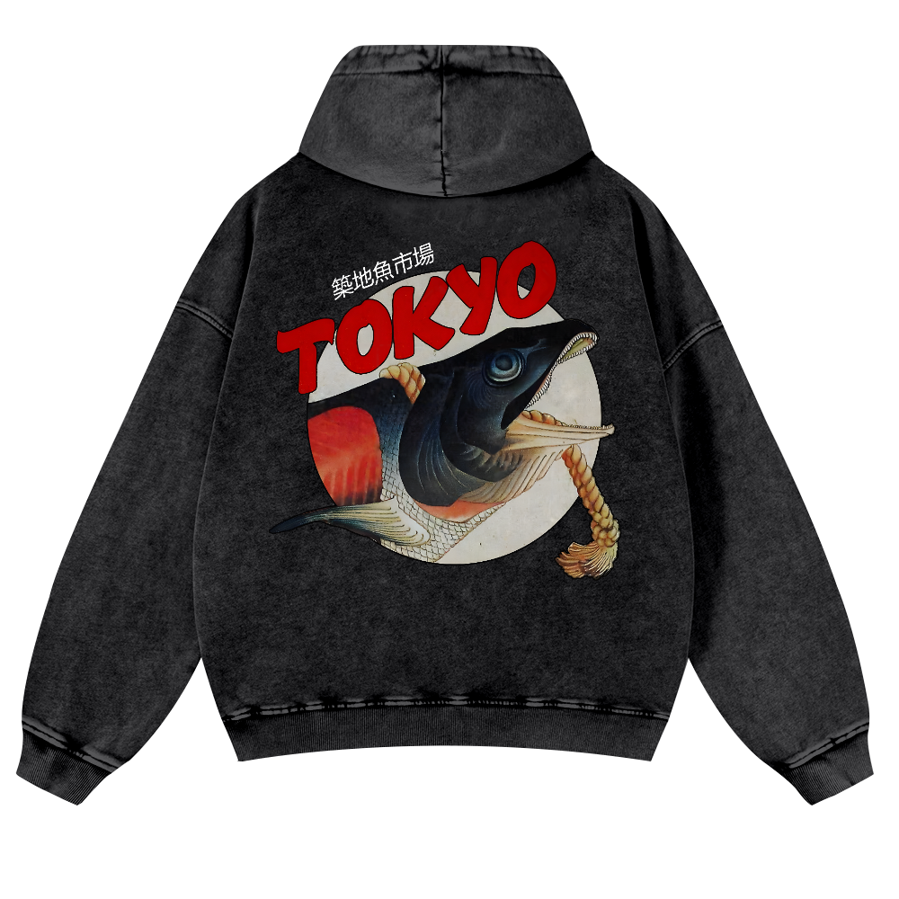 Tsukiji Market Vintage Washed Cotton Back Art Hoodie