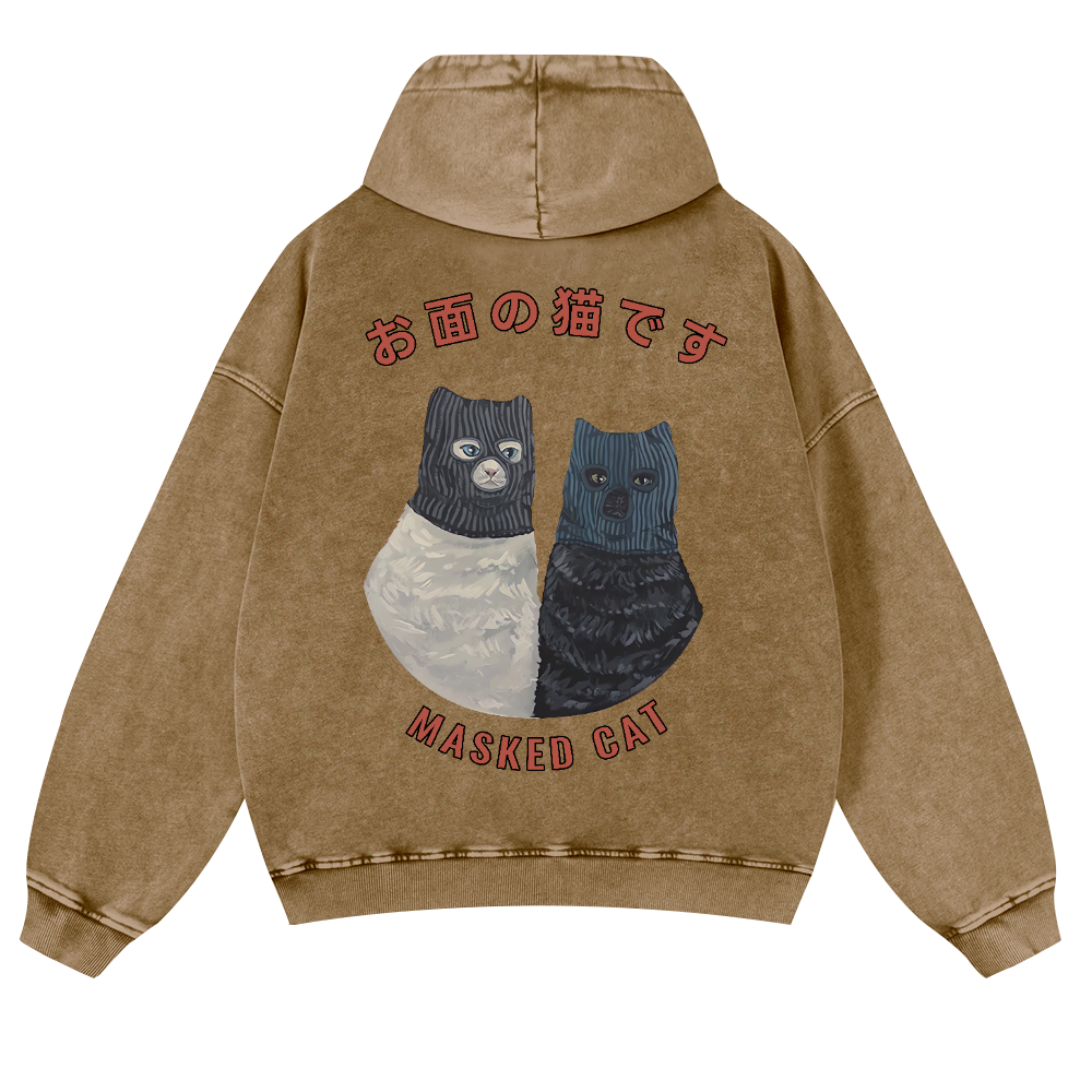 Masked Cat Vintage Washed Cotton Back Art Hoodie