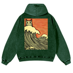 Cat Wave Vintage Washed Cotton Back Art Hoodie