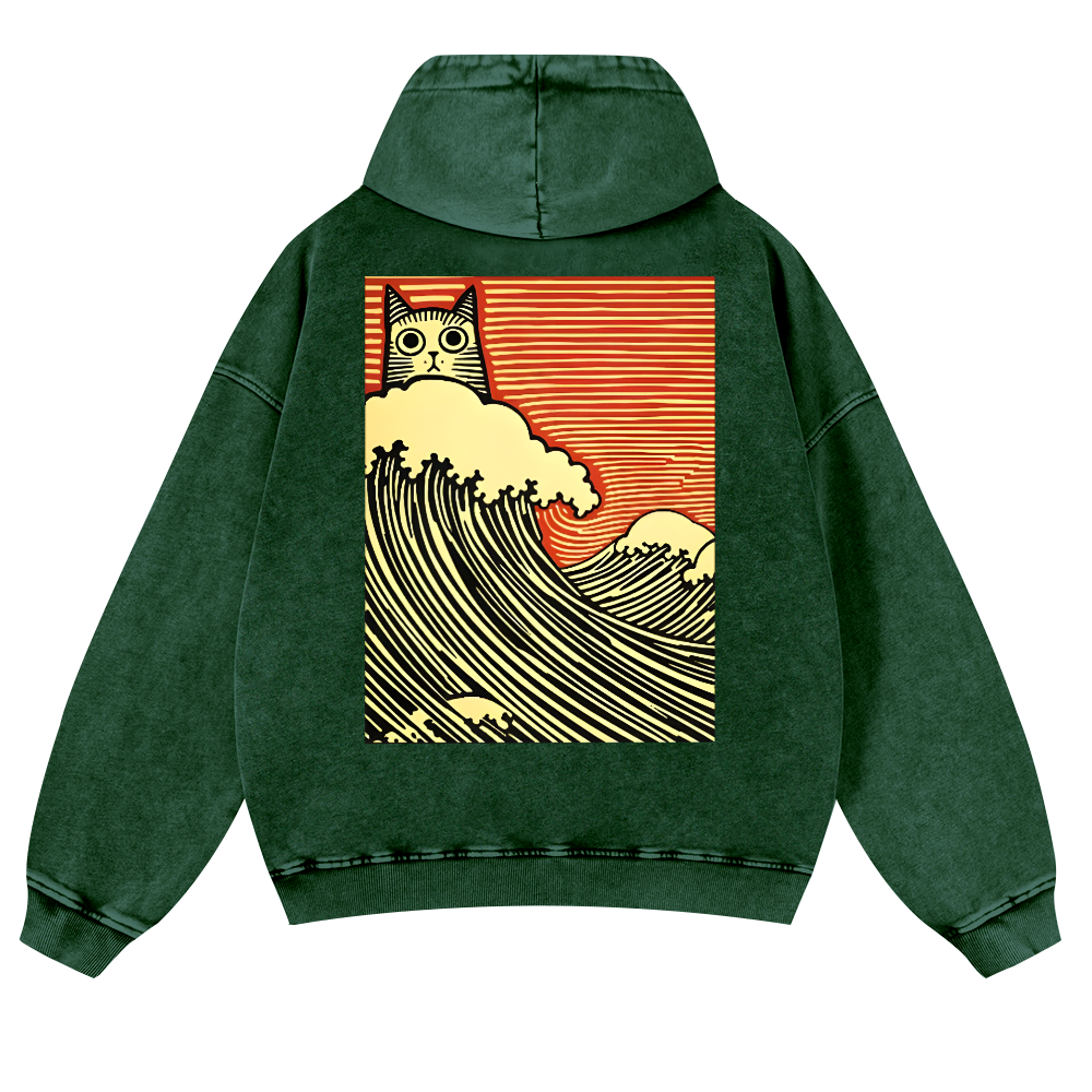 Cat Wave Vintage Washed Cotton Back Art Hoodie