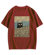Wave Japanese Cat Art Cotton Casual T-shirt