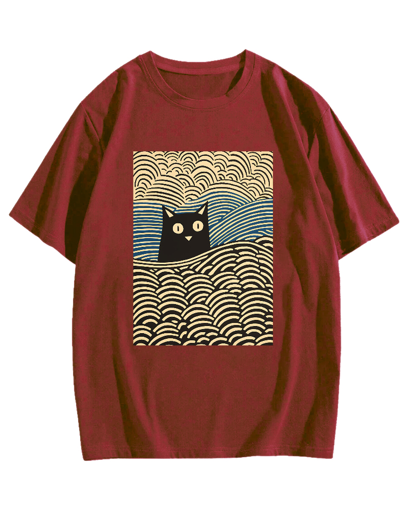 Wave Japanese Cat Art Cotton Casual T-shirt