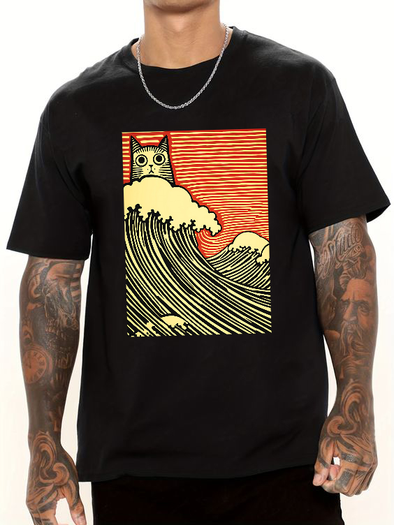 Charming Japanese Cat Art Cotton Casual T-shirt