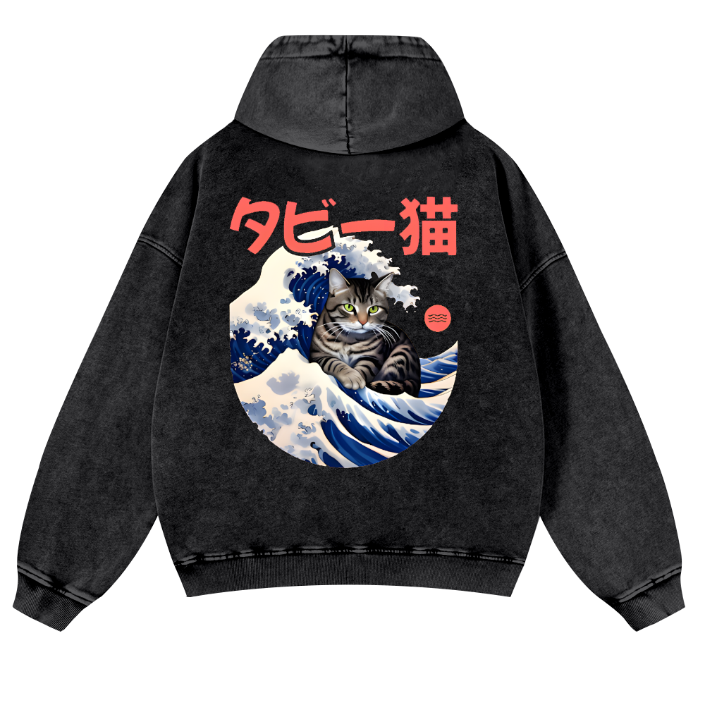 Cat Wave Vintage Washed Cotton Back Art Hoodie