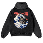 Cat Wave Vintage Washed Cotton Back Art Hoodie
