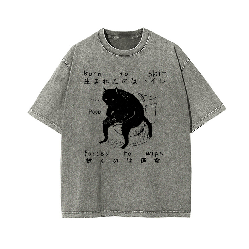 Black Cat Vintage Wash Japanese Design T-Shirt