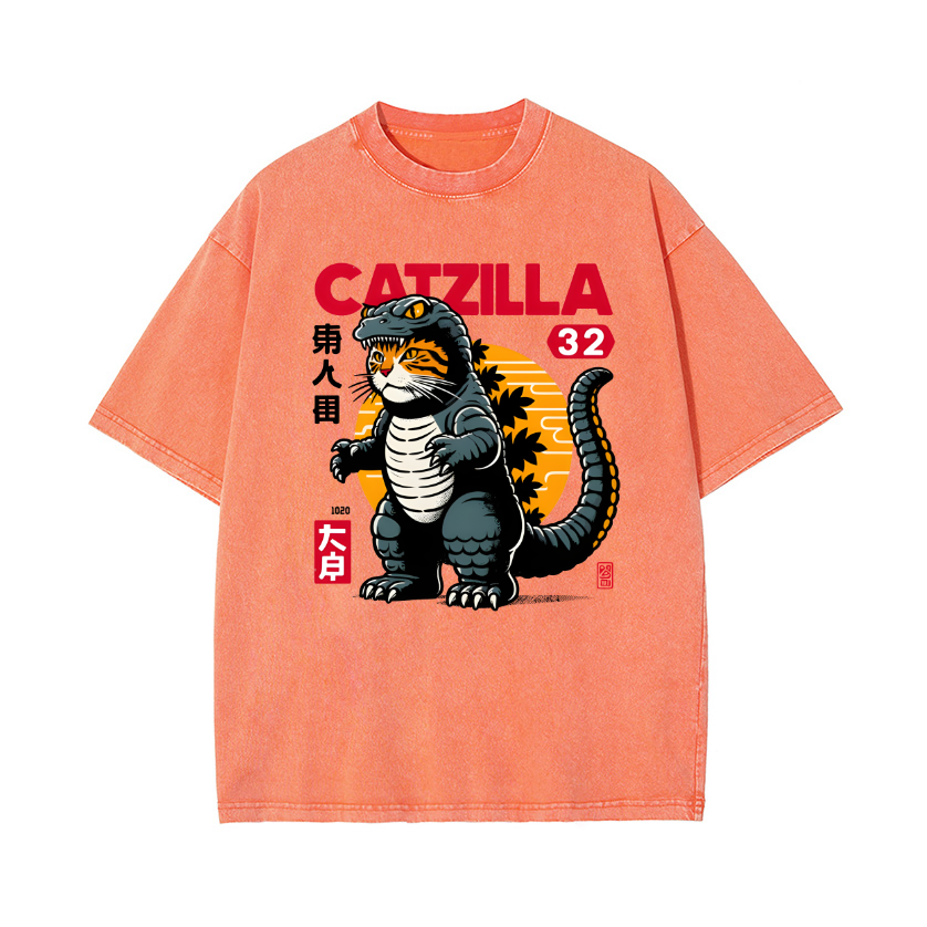 Cat Godzilla Vintage Wash Japanese Design T-Shirt