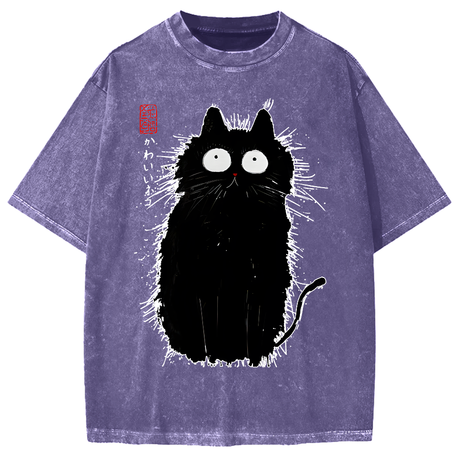 Black Cat With Puffed-Up Fur Vintage Washed T-shirt
