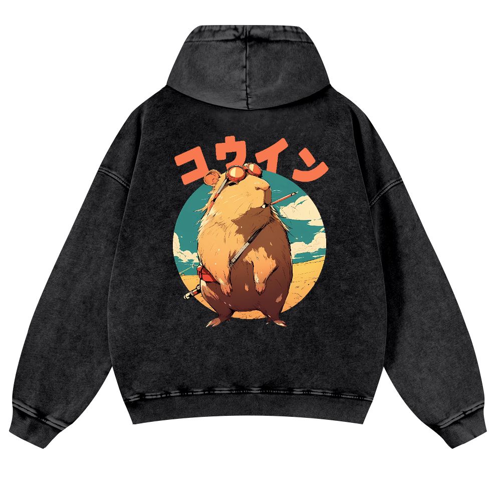 Capybara Vintage Washed Cotton Back Art Hoodie