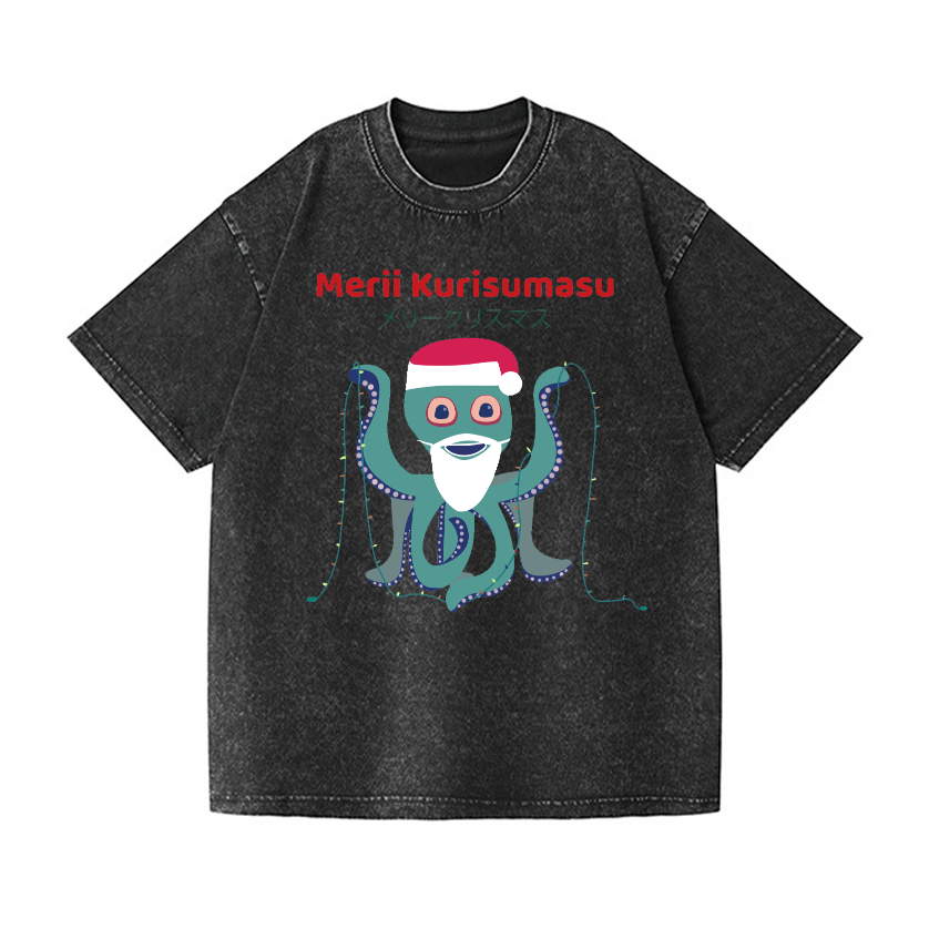 Christmas Octopus Vintage Wash Japanese Design T-Shirt