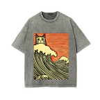 Cat Wave Vintage Wash Japanese Design T-Shirt