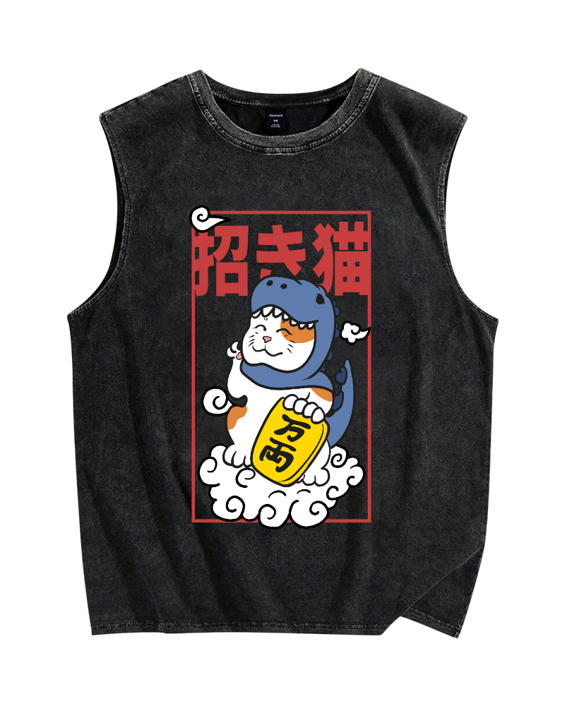 Japan Lucky cat Vintage Distressed Washed Tank Top