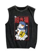Japan Lucky cat Vintage Distressed Washed Tank Top