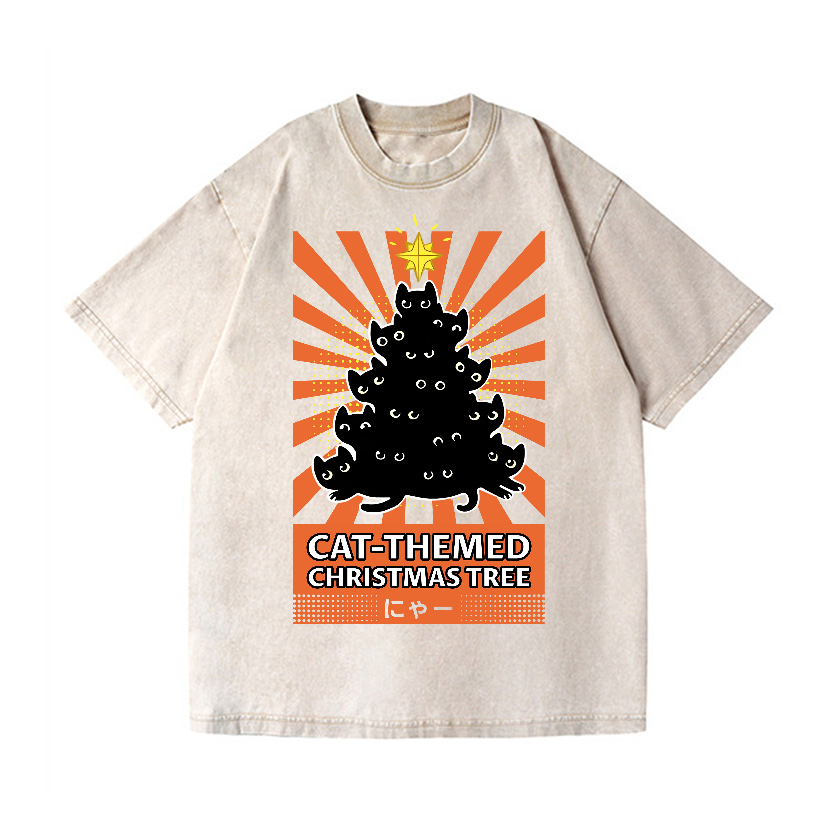 Cat-Themed Christmas Tree Vintage Wash Japanese Design T-Shirt