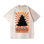 Cat-Themed Christmas Tree Vintage Wash Japanese Design T-Shirt