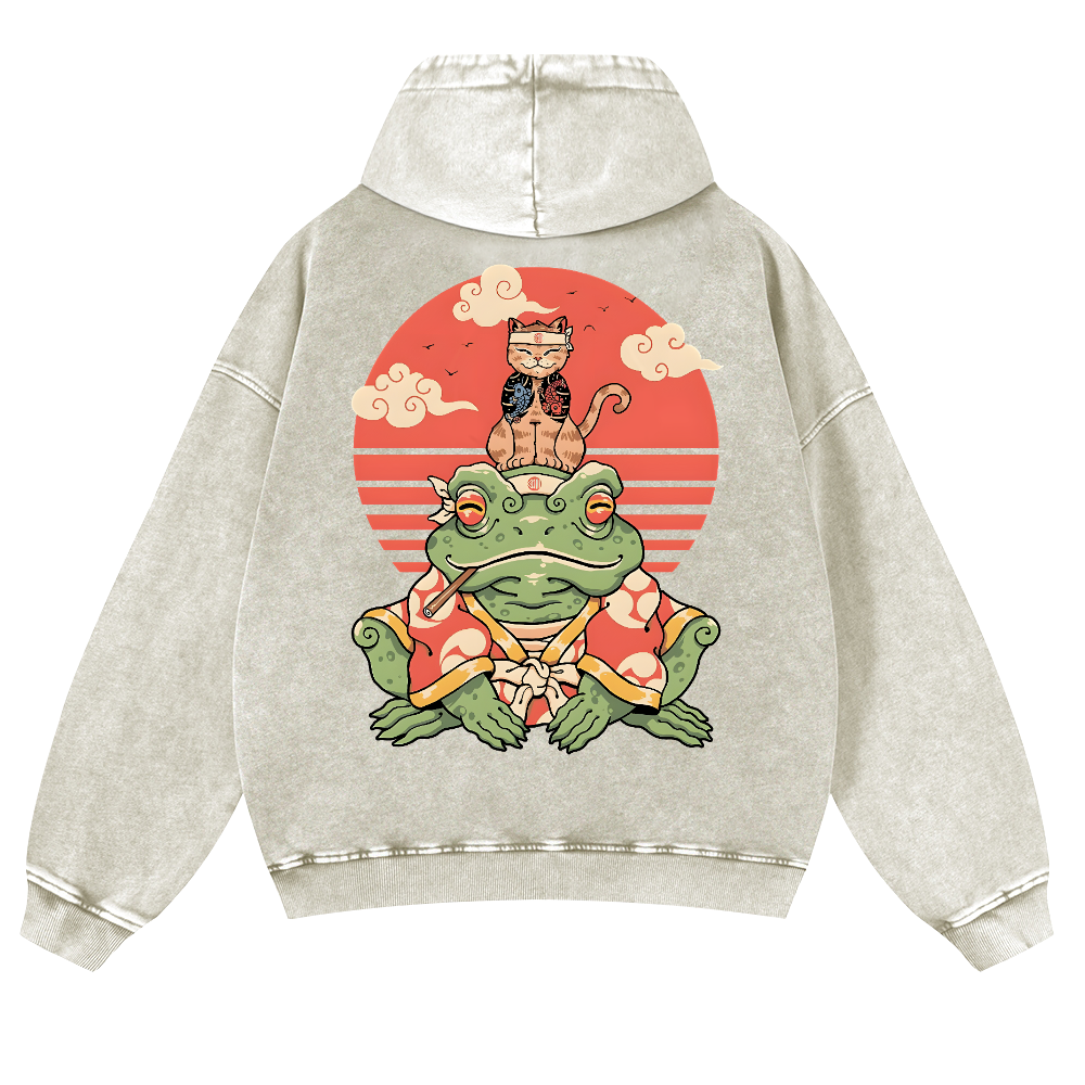 Cat And Frog Vintage Washed Cotton Back Art Hoodie