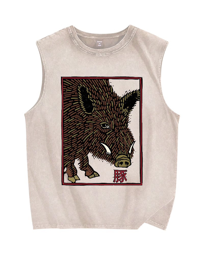 Woodcut Pig Vintage Distressed Washed Tank Top