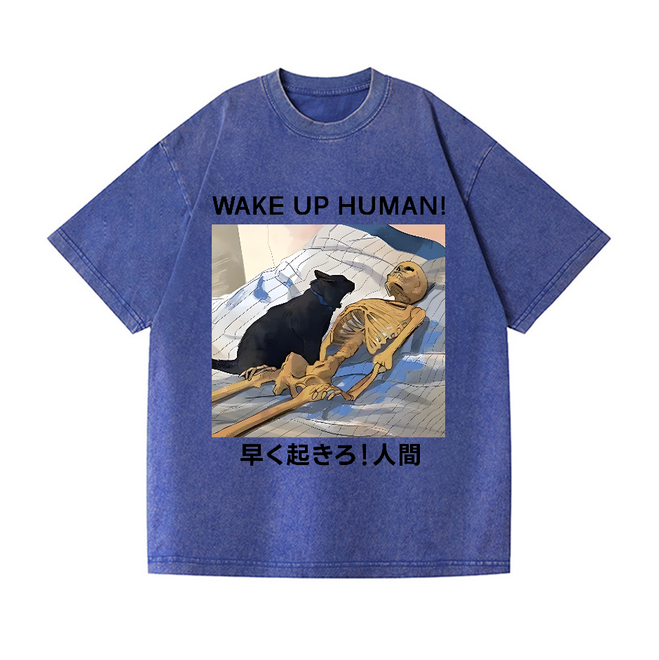 Cat Wake Up Human Vintage Wash Japanese Design T-Shirt