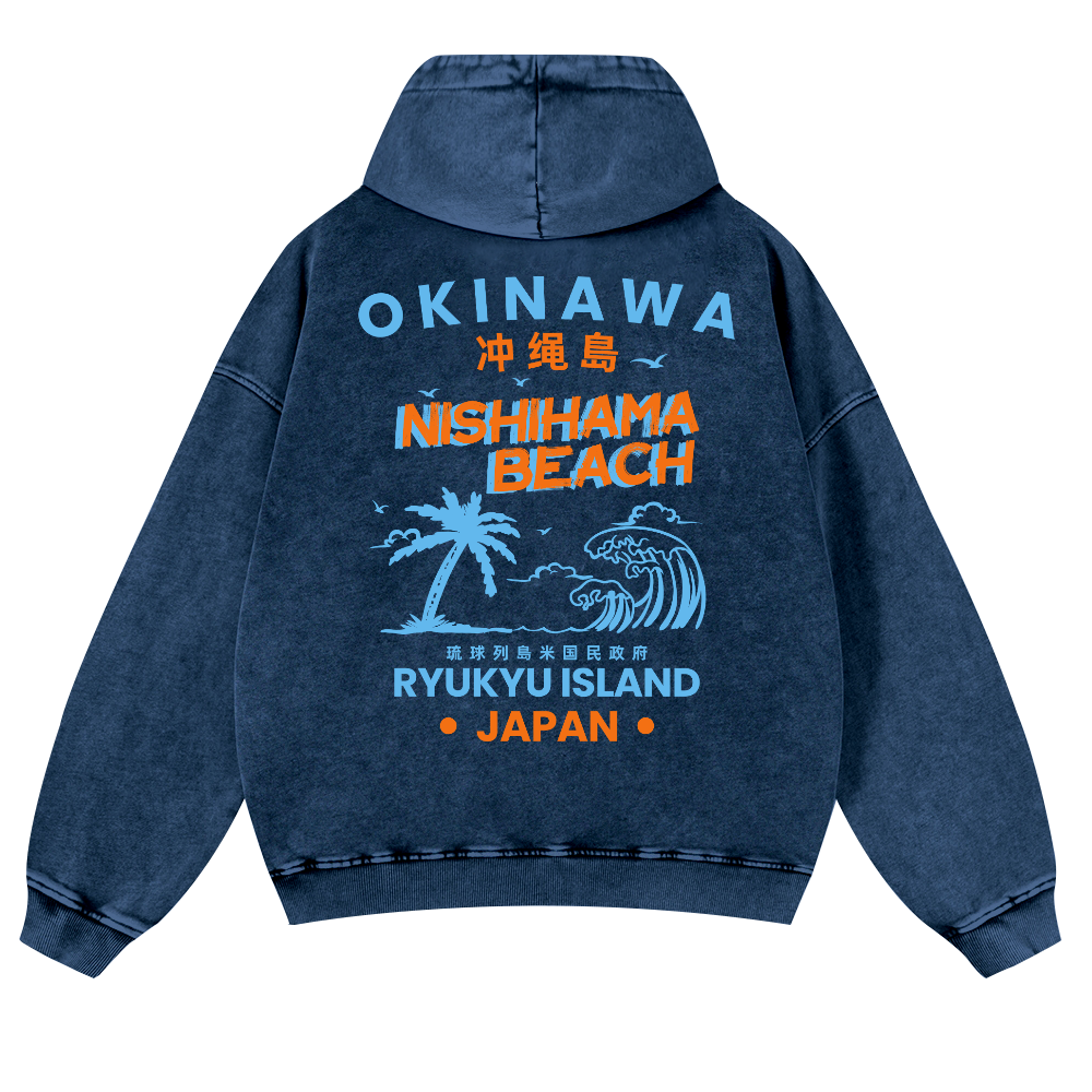 Okinawa Nishihama Beach Ryukyu Island Japan Vintage Washed Cotton Back Art Hoodie