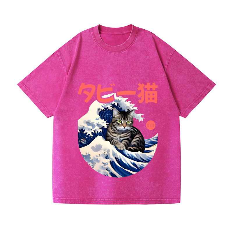 Cat Wave Vintage Wash Japanese Design T-Shirt
