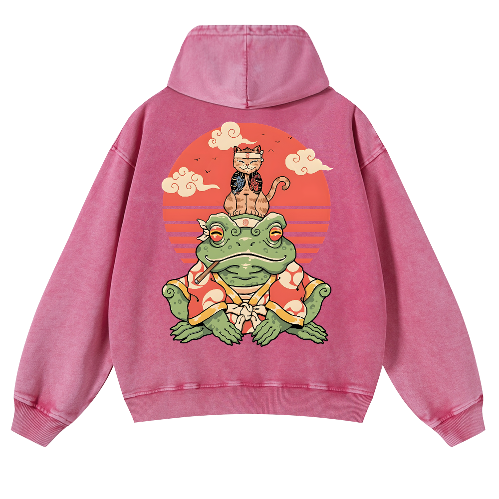 Cat And Frog Vintage Washed Cotton Back Art Hoodie
