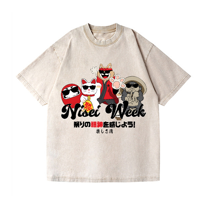 Cat Daruma Vintage Wash Japanese Design T-Shirt