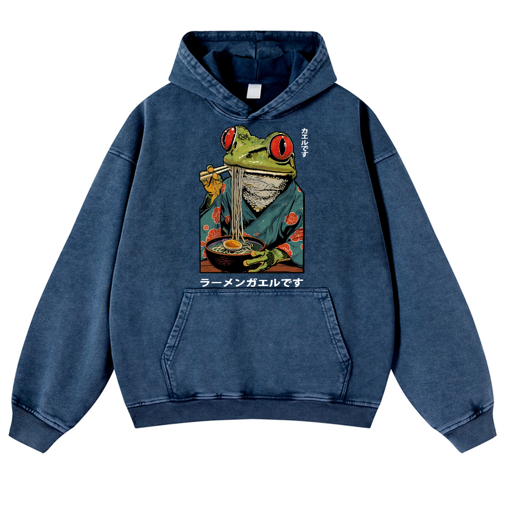Frog Ramen Vintage Washed Thick Cotton Hoodie