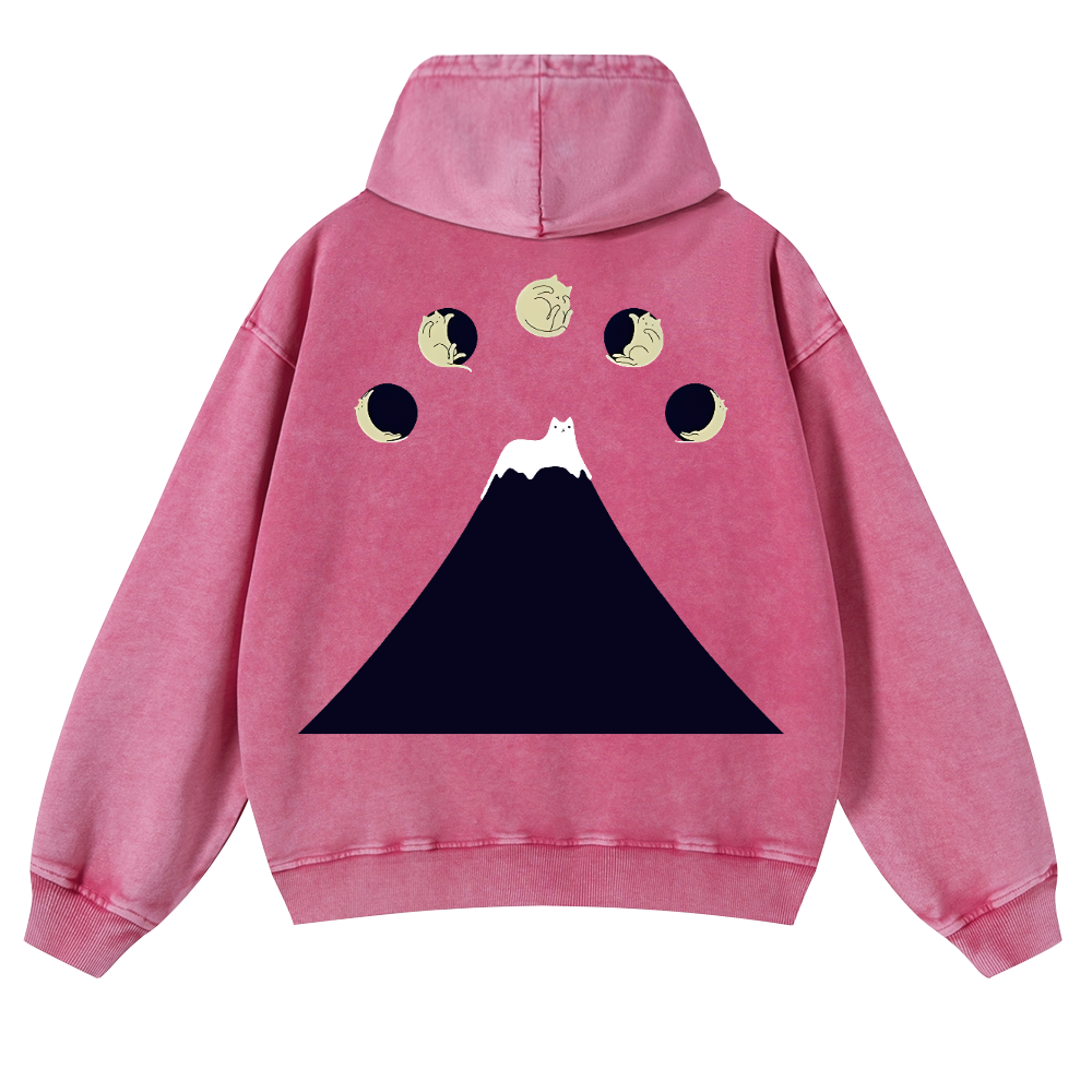 Mount Fuji Cat Moon Vintage Washed Cotton Back Art Hoodie