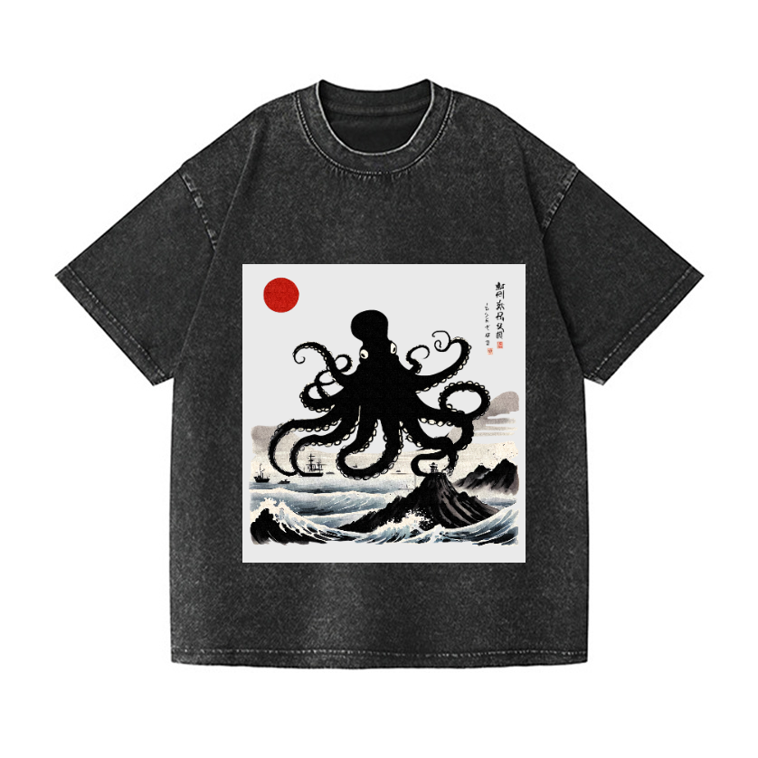 The Giant Octopus in the Sea Vintage Wash Japanese Design T-Shirt