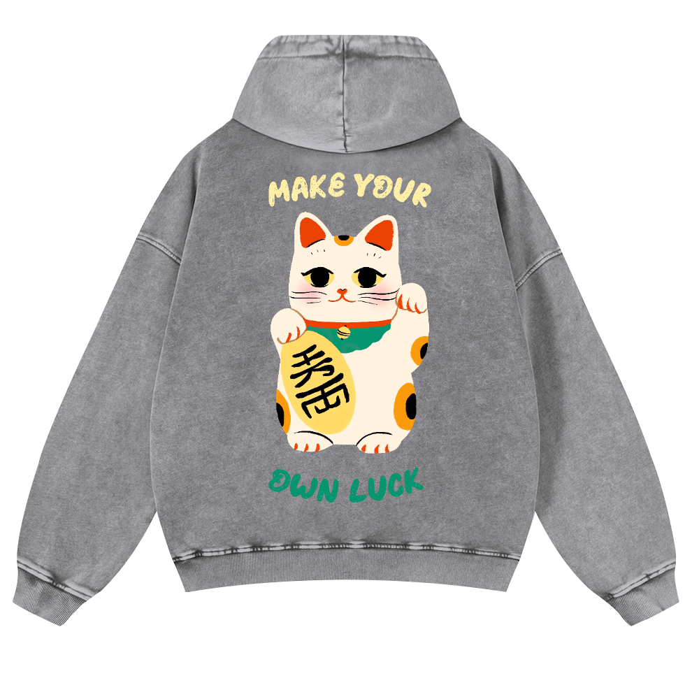 Lucky Cat Vintage Washed Cotton Back Art Hoodie
