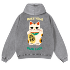 Lucky Cat Vintage Washed Cotton Back Art Hoodie