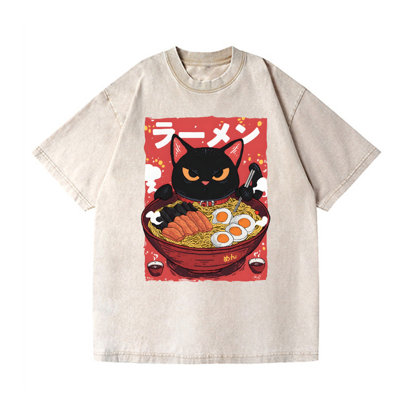 Ramen Black Cat Vintage Wash Japanese Design T-Shirt