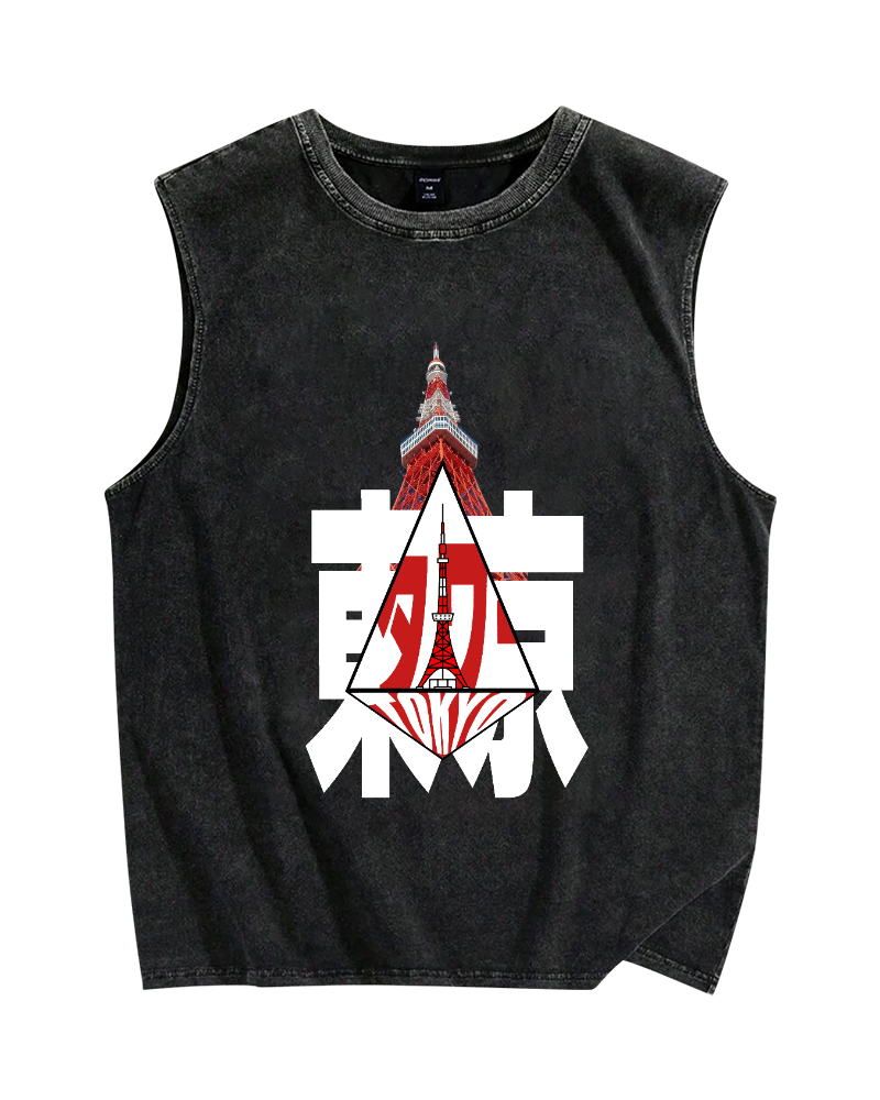 Tokyo Tower Vintage Distressed Washed Tank Top