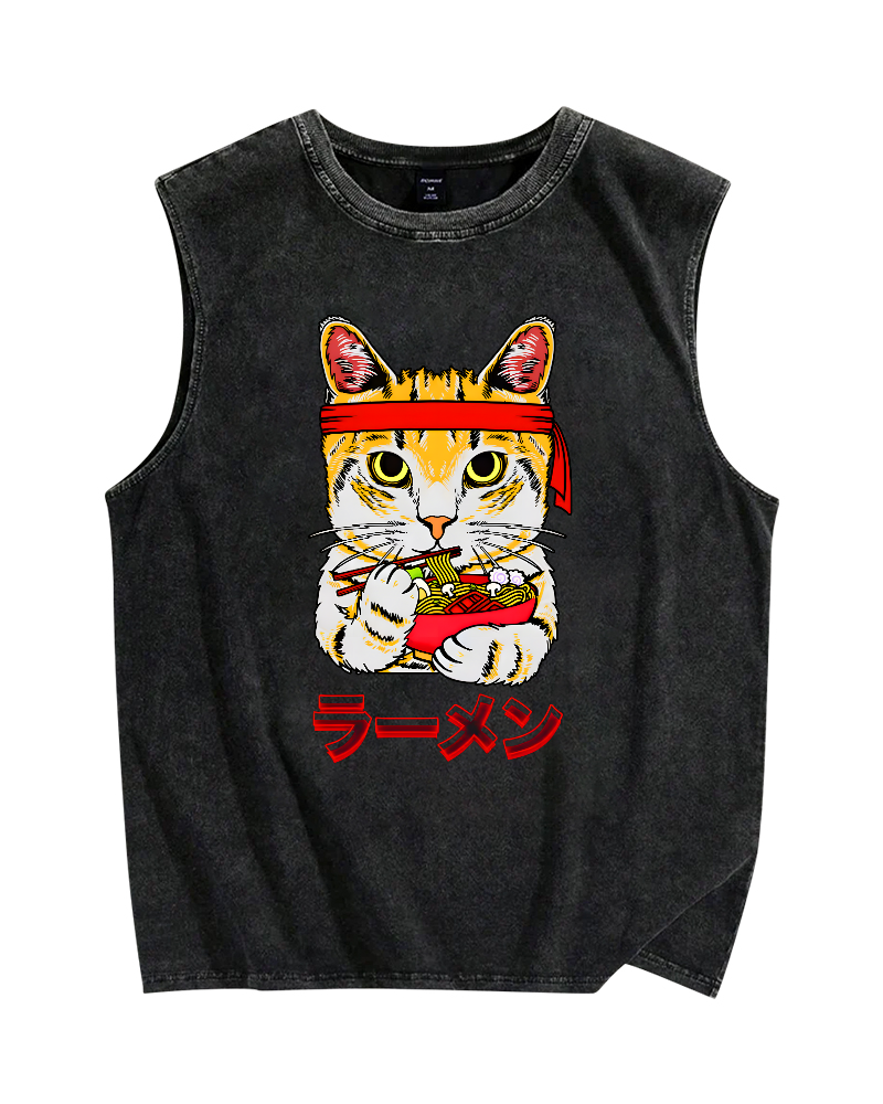 Cat Lamian Noodles Japan Vintage Distressed Washed Tank Top