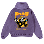Drunken Cat Vintage Washed Cotton Back Art Hoodie