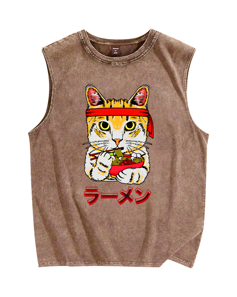 Cat Lamian Noodles Japan Vintage Distressed Washed Tank Top