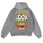 Ramen Lucky Cat Vintage Washed Cotton Back Art Hoodie