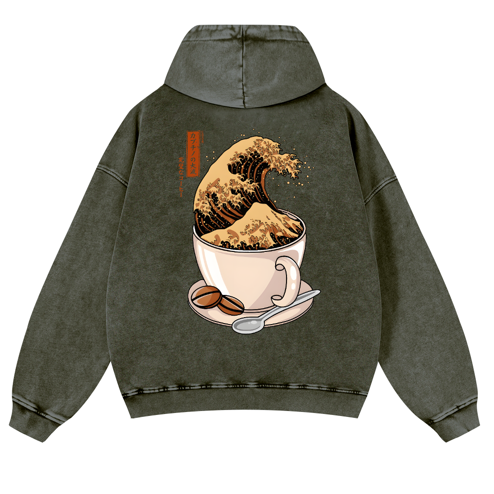 Coffee Wave Vintage Washed Cotton Back Art Hoodie
