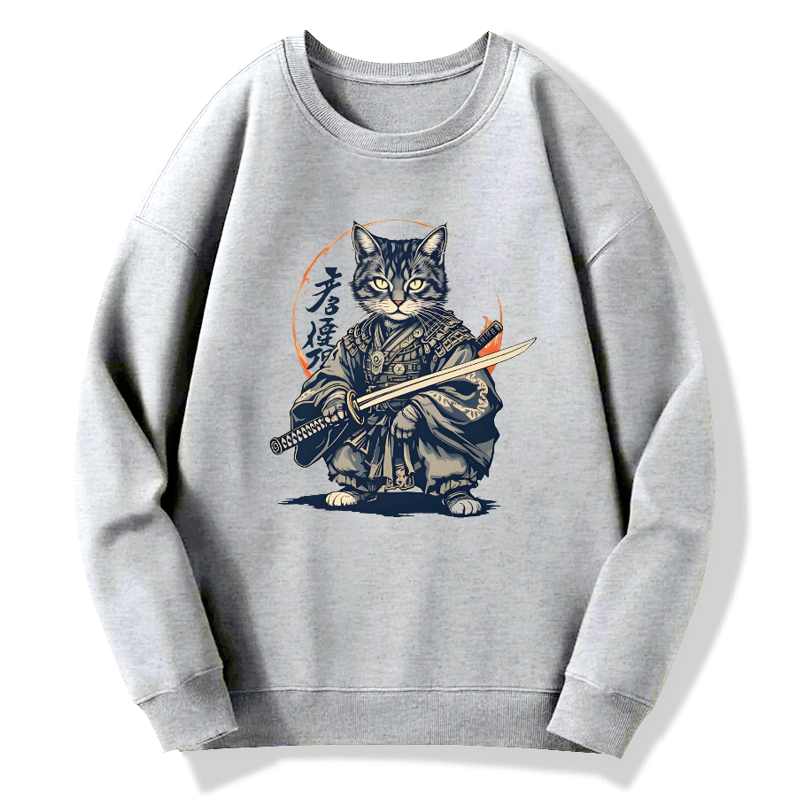 Samurai Cat Retro Ukiyo-e Painting Cotton Pullover Sweatshirt